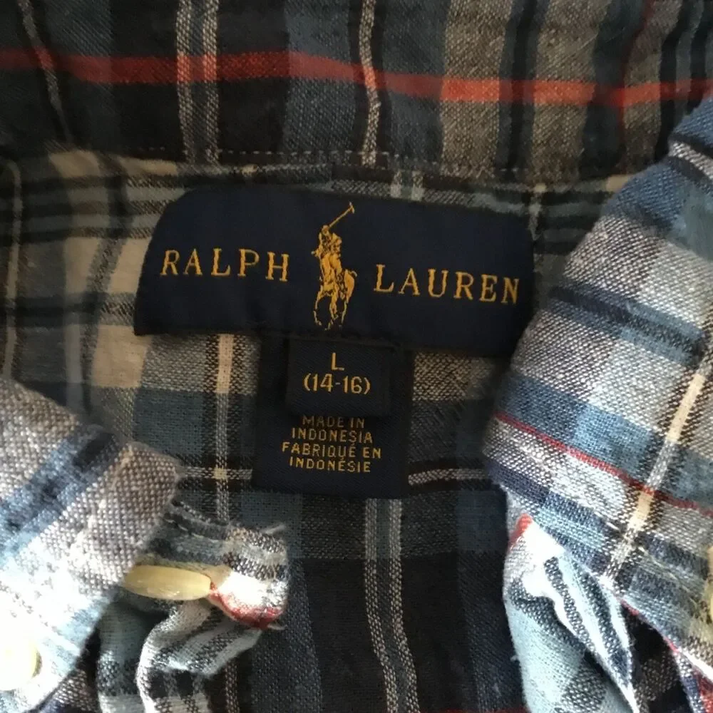 Ralph Lauren Kids Button Down Short Sleeve Blue/White/Red Plaid Shirt Size LG